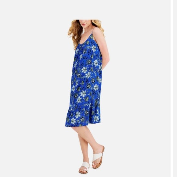 Style & Co. Dresses & Skirts - Style & Co Cobalt Blue Floral Cotton Spaghetti Strap Dress w Ruffle